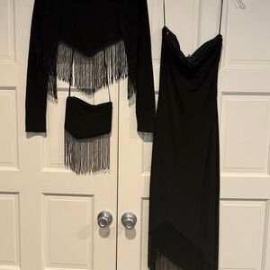 Frivole Strapless Black Fringe Evening Dress